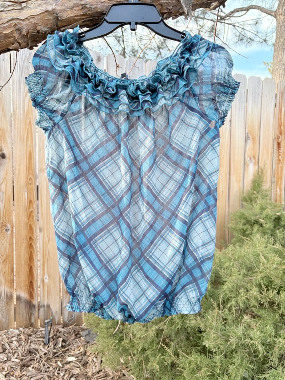 90s Teal Plaid Ruffle Cap Sleeve Sheer Top Phildar women’s size S /38 never worn